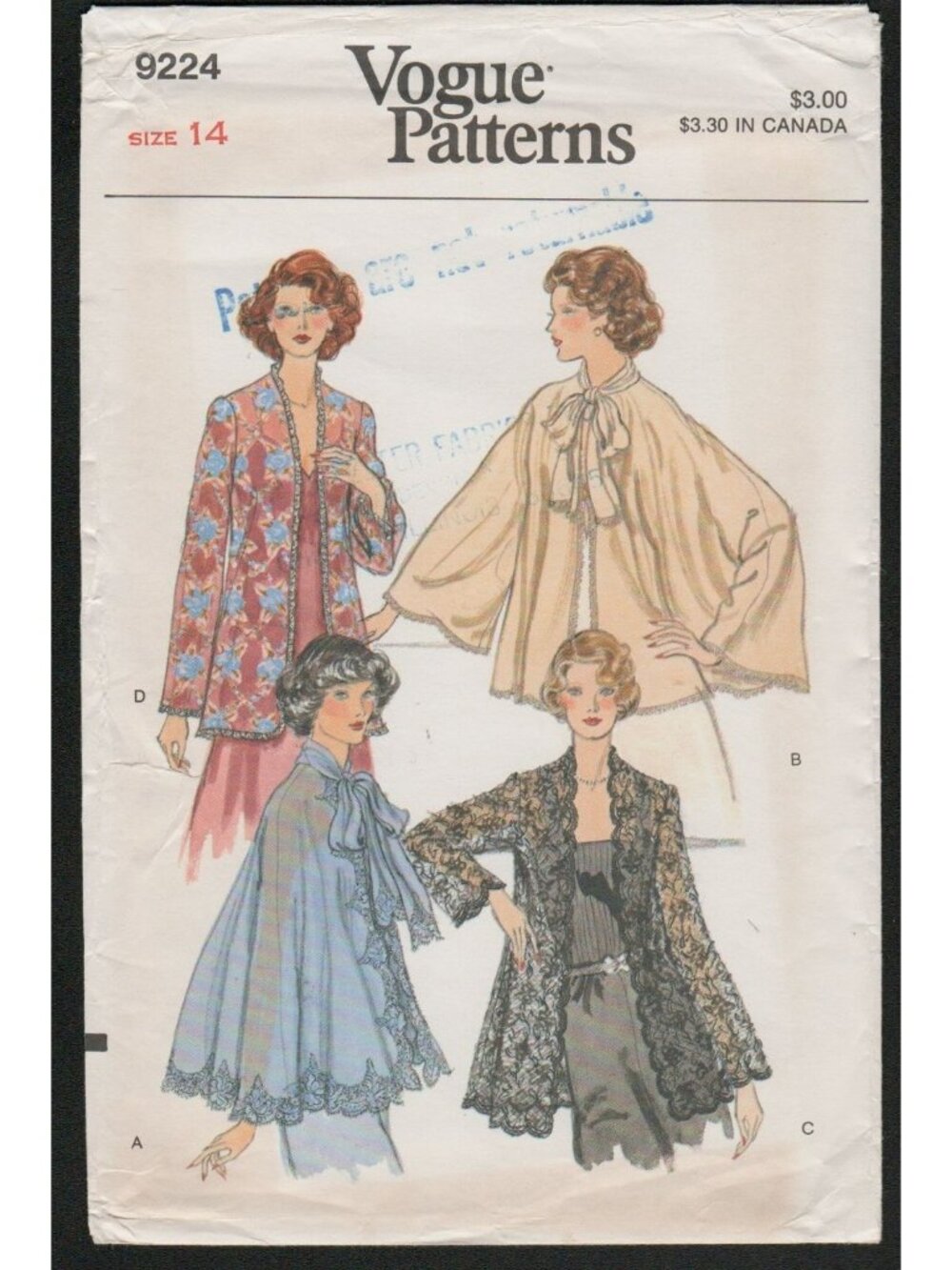 Vogue 9224 Misses Evening Jackets Size 14 Pattern Wedding Guest Pattern Uncut